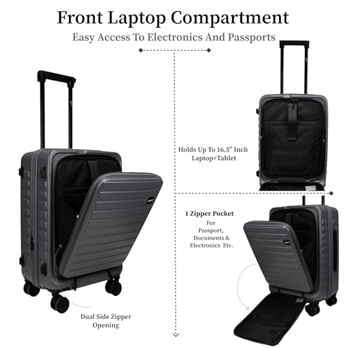 Image of F Gear Sedona Small Cabin Pro 54cm German Polycarbonate Hard Luggage|8 Japanese Hinomoto Silent Wheels| USB & Type-C Charging, Phone Stand & Cup Holder | Front Opening Suitcase for travel (Steel Grey)