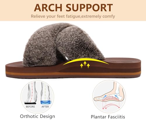 Image of COFACE Womens Fuzzy Slides Fluff Faux Fur Cross Slippers Open Toe Yoga Mat House Slipper Sandals With Arch Support For Indoor /Outdoor