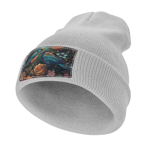 Winter Beanie Hats for Men Women,Birds and Flowers Sketch Printed Warm Knitted Beanies Hat,Acrylic Skull Cuffed Caps Light Gray-Birds and Flowers Sketch