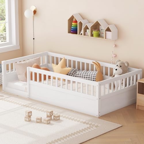 Image of Twin Size Montesori Floor Bed for Kids, Floor Bed with High Fence Railings, Wood Playhouse Beds with Rails for Baby Boys Girls Teens, No Slats Included, White