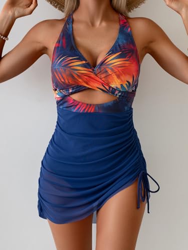 Image of B2prity Women Mesh One Piece Swimdress Swimsuit Tummy Control V Neck Cutout Bathing Suit Wrap Drawstring Sarong Swimwear