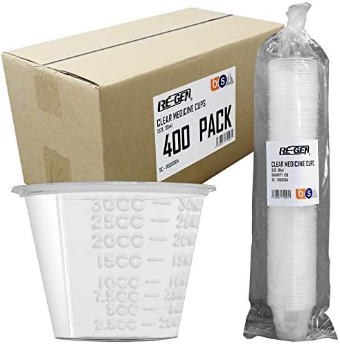 400 Pack, RE-GEN 30ml Clear Plastic Reusable Graduated Medicine Medication Kitchen Measuring Pot Cup Containers