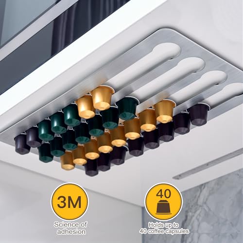 Adhäsiver Nespresso Kapselhalter aus Edelstahl für 40 Stück, 40.6cm L x 21.8cm W, Drehbarer Organizer für Nespresso Original Linie Kapseln, Geeignet für Küchenwände und Schränke (Selbstklebend)
