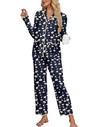 Famulily Pj Sets for Women V Neck Long Sleeve Pajamas Button Down with Pockets Tops and Elastic Wide Leg Pants Navy XXL