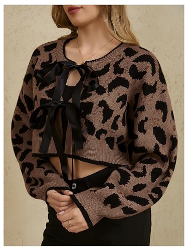 MakeMeChic Women's Tie Front Cardigan Leopard Print Bow Long Sleeve Crop Sweater Outerwear4