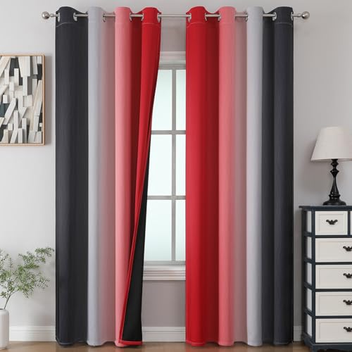 Estelar Textiler Red and Black Blackout Curtains for Bedroom, Thermal Insulated Drapes 108 Inches Long, Full Light Blocking Energy Saving Long Curtains for Living Room, 52Wx108L, 2 Panels