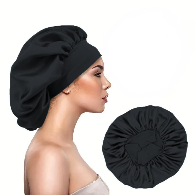 Gorro de satén para dormir cabello rizado con banda elástica ancha, anti frizz, protector de rizos y retención de humedad para mujeres y niñas, Gorro de ducha, Elástico, Negro