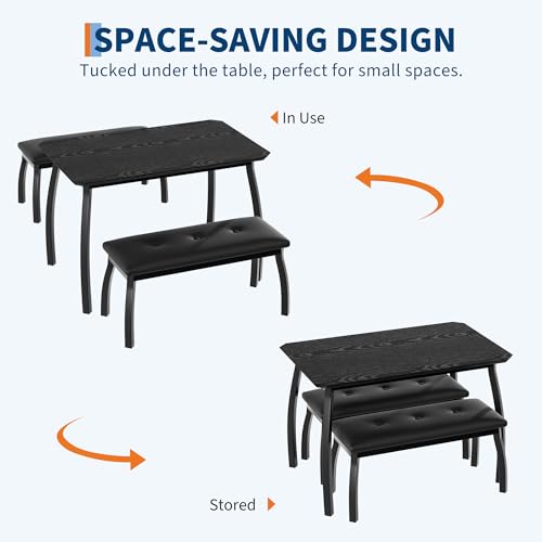 GAOMON Dining Table Set for 4, Metal Frame Kitchen Table Set with 2 Upholstered Bench, 3 Piece Dining Room Table Furniture for Apartment, Studio, Home, Easy Assembly, Black