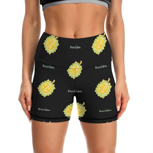 JYYAU Cartoon Durian Pattern High Waist Yoga Shorts for Women Athletic Shorts Leggings Running Pants Black