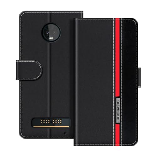 UOGNADGD Lederhülle Kompatibel mit Motorola Moto Z3 Play Klappbares Portemonnaie-Hülle mit Magnetverschluss Ständer & Kartenfächern stoßfestem Schutz (Schwarz)