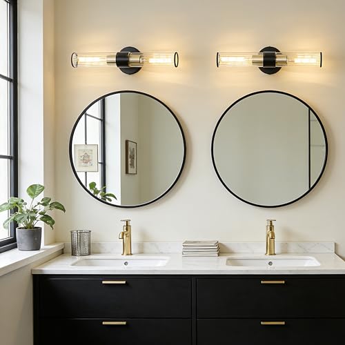 Image of Bathroom Light Fixtures 2 Pack Hardwired, Black Gold Wall Sconce Threaded Glass Vanity Light Featuring Two E26 sockets, Bathroom Wall Light Dimmable - Bulb Not Included, UL Certification