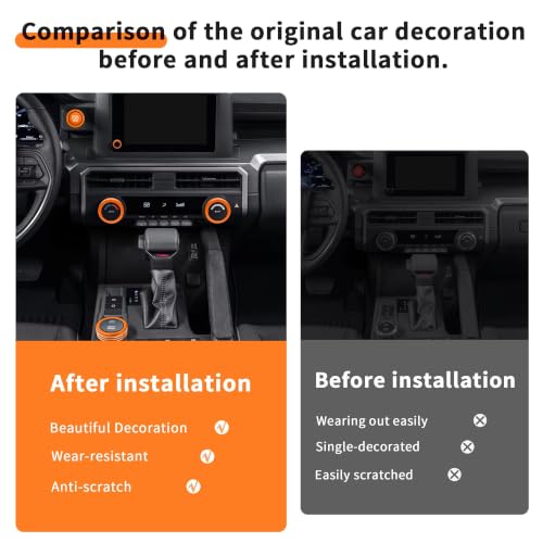 Image of for Toyota Tacoma 2024-2026 & 4Runner 2025-2026, 8-Inch Screen Aluminum Alloy Knob Cover Trim - Fits Push Start, AC, Volume & 4WD Gear Switch (Orange, 6-Piece Set)
