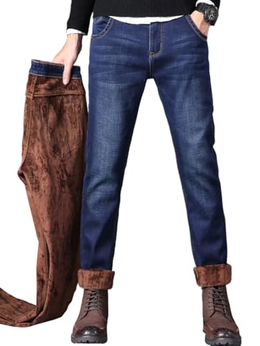 Oanviso Hombre Jeans con Forro Polar Invierno Termico Pantalones Vaqueros Holgados Denim Cómodo Jean Moda Pantalone Casuales Elasticos Pantalón B Retro Azul L