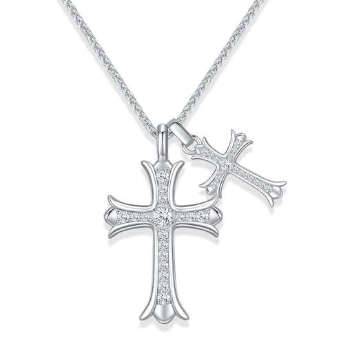 Moissanite Cross Necklace for Women and Men, Gold/S925 Sterling Silver Cross Necklace for Women, Diamond Cross Faith Pendant Necklaces for Father's Day (Silver)