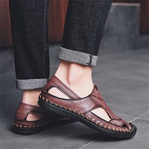 Shoes Men's Sandals Genuine Leather Beach Shoe Hollow Cut Out Flats Casual Sandals(44)3
