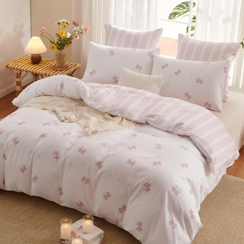 Tospass Bettwäsche 135x200 Schleifen Rosa Schleife Gestreift Bettwäsche Set – Ansicht 4
