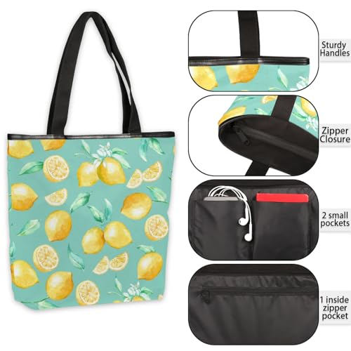Watercolor Lemons Canvas Tote Bag Portable Shopping Bags Reusable Shoulder Tote Bag with Zipper for Travel Shopping Campaign Gym4