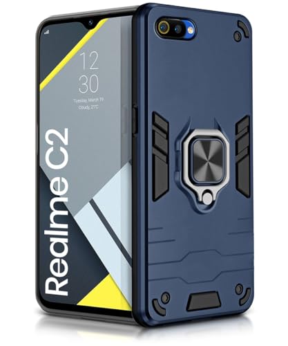 Image of WOW IMAGINE Shock Proof Back Case Mobile Cover for Realme C2 | Back Cover Case (Tough Armor | Hybrid PC + TPU | Ring Holder & in-Built Kickstand | Blue)