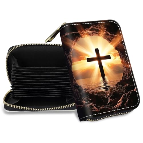 Credit Card Holder with Zipper, Slim RFID Blocking Card Wallet for Women Men Christian Cross Design PU Leather Small Accordion Card Case Wallet, ID Card Organizer, Pocket Business Card Case