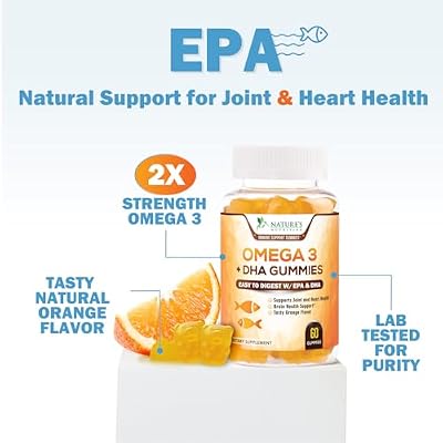 Omega 3 Fish Oil Gummies - Triple Strength Omega 3 Gummy Supplement with High Absorption DHA & EPA - Heart, Joint & Brain Support - Delicious Orange Flavor Fish Oil Nature's Vitamin - 60 Gummies