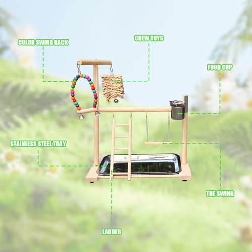 Image of Bird Stand, Natural Wood, Parrot Playground with Removable Tray & 2 Stainless Steel Feeder Cups, Suitable for Parakeet, Conure, Cockatiel, Lovebird, Canary, Lorikeet & African Grey