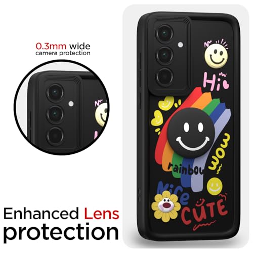 Image of Pikkme Back Cover for Samsung Galaxy A55 5G | Soft Silicone| Cute Rainbow Smile & 3D Cartoon Flower Design | Shockproof Raised Camera Protection Bumper Case (Black)