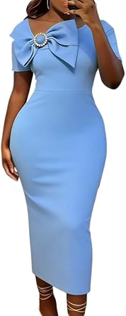 AOMEI Blue Bodycon Dress with Bow Detail and Pearl Accent, Short Sleeve Midi Dress for Cocktail, Dresses for Wedding Guest