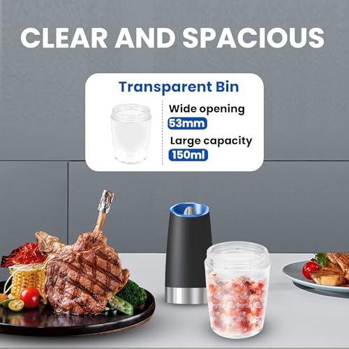 Gravity Electrical Salt and Pepper Grinder set of two, Automated Salt And Pepper Grinder Set, Adjustable Roughness, Battery Powered, LED Mild, 2 Pack, (Black) - Image 6