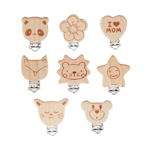Schnullerclip, 8 Stück Holzclip für Schnullerkette Holztiere...