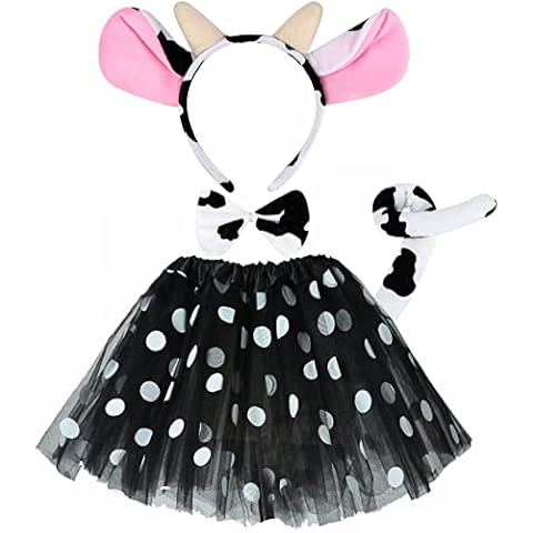 Ailesiy 4 Pieces Cow Costume Set with Black White Polka Dot Tutu Skirt Cow Ear Headband Tail Bow Tie Dalmatians Cosplay Set Dress Up Halloween Cosplay Party Accessories for Boys Girls Cover