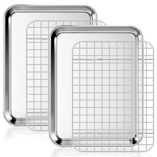 Fire More Plaque à pâtisserie avec grille de refroidissement, 2 plaques inox + 2 grilles pour four, plaque rectangulaire 26,5 x 20,5 x 2,5 cm pour cuisiner...