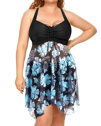 Image of Daci Plus Size Two Piece Swim Dress with Shorts for Women Mesh Swimsuits Flowy Bathing Suits