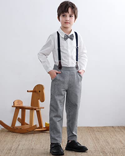 Image of SANGTREE Boys Gentleman Clothes Set, Short Sleeve Shirt with Bowtie + Suspender Pants Outfit, 3 Months - 6 Years