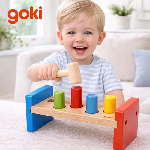 Image of Goki Wooden Pound-A-Peg Toy with Hammer | Classic Pounding Bench for 2 Year Olds | Preschool Learning & Montessori Activity Set - Durable Educational Birthday Gift for Toddlers