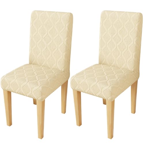 Image of Lukzer Elastic Dining Chair Cover - 2PC Pastel Yellow Diamond | Textured High Stretch Jacquard Seat Cover | Removable Washable Short Dining Chair Cover Protector Seat Slipcover | (CC-156-02)