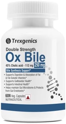 Trexgenics BILE EXTRACT 250 mg 45% Cholic acid DOUBLE STRENGTH Bile Synthesis Support (60 Vegan Capsules) (Pack of 1)