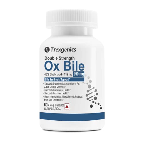 Trexgenics BILE EXTRACT 250 mg 45% Cholic acid DOUBLE STRENGTH Bile Synthesis Support (60 Vegan Capsules) (Pack of 1)