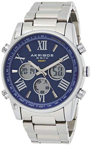 Akribos Multifunction High Tech Smartwatch - Analog-Digital Display Watch, Health Stats Tracking - 3 Digital Subdials on Stainless Steel Bracelet- AK1095 (Blue Dial Silver Band)