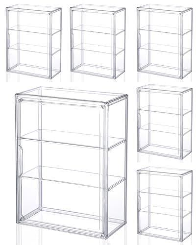 Wonderjune 6 Pcs Clear Acrylic Display Case 3 Tier Clear Display Shelf Storage Boxes Cabinet Organizer with Magnetic Door for Figures Mini Toys