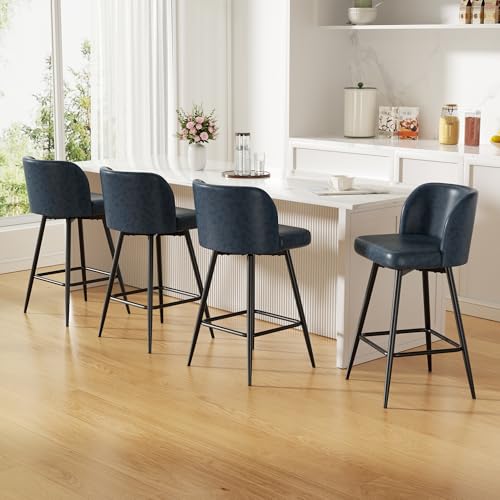 Image of Swivel Bar Stools Set of 4, 26 inch Counter Height Bar Stools with High Back and Metal Legs, Faux Leather Bar Chairs, Modern Barstools for Kitchen Island, Dark Blue