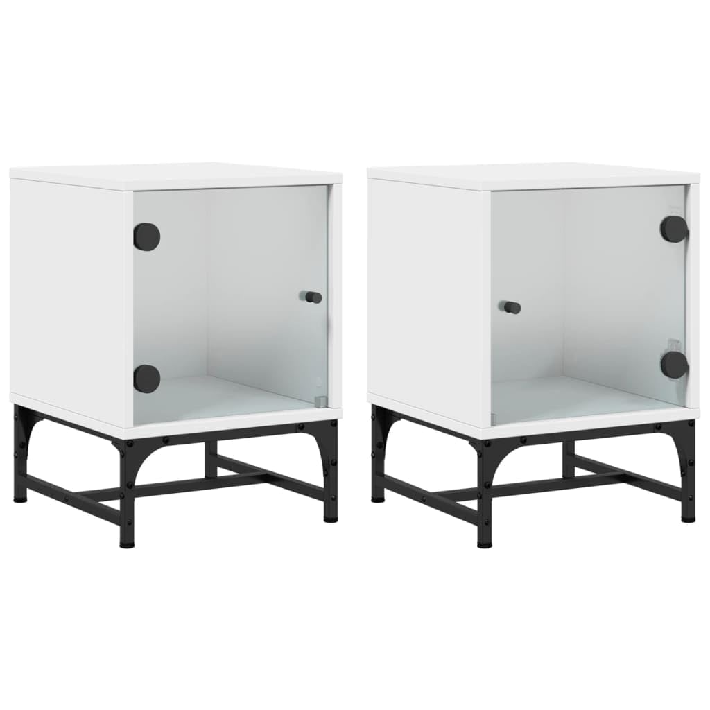 Table de chevet blanche lot de 2 avec portes en verre et structure métal 35x37x50 cm
