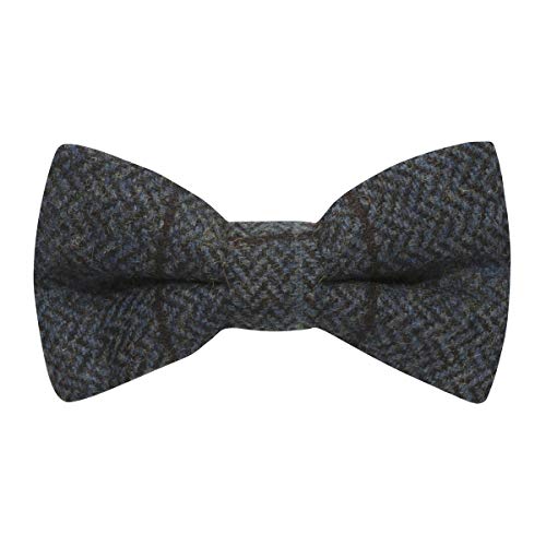 King & Priory Luxury Aegean Blue Herringbone Check Bow Tie, Tweed