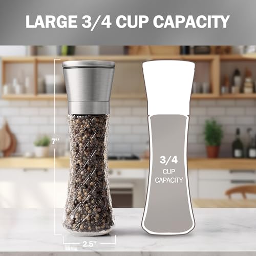 Home EC Original Stainless Steel Sea Salt and Pepper Grinder Set of 2 - Adjustable Ceramic Grinder - Diamond Pattern Glass - Salt and Pepper Shakers - Kitchen Spice Mill - Modern Kitchen Accessories