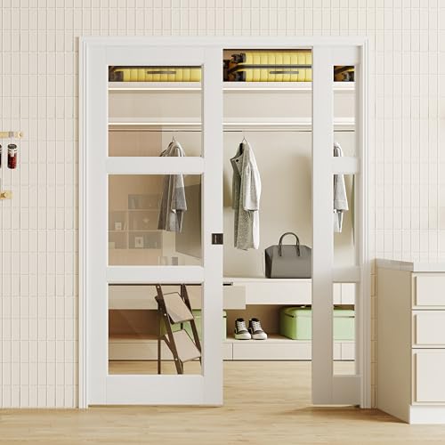 Image of Sliding Pocket Door with Lock, 60 inch x 80 inch, 3-Lite Clear Tempered Glass Pocket Doors with Frame and Hardware Kit Set, Interior Door Slab, White Primed - No Panel Assembly Required