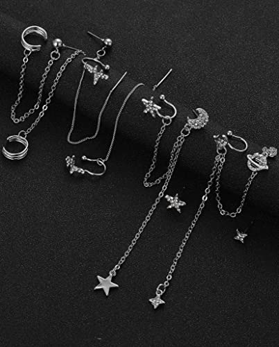 Akeoqi 6Pcs Cuff Earrings Chain Drop Dangling Earrings With Cz Inlaid Hoop Wrap Threader Tassel Earrings Crawler Climber Earring Planet Star Moon Round Studs Jewelry For Women 20G #TOP6