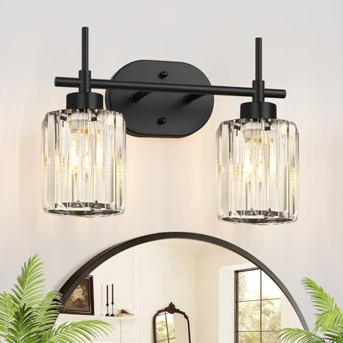 Image of 2-Light Matte Black Crystal Bathroom Vanity Light, Modern Bathroom Lighting Fixture Over Mirror, K9 Crystal Bathroom Wall Light with Round Shades, E26 Base(Bulbs Not Included)