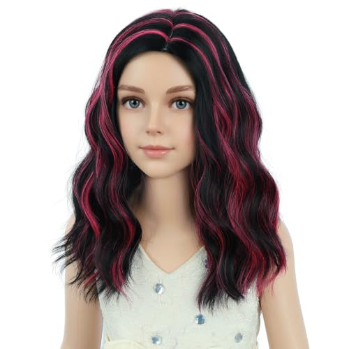 Image of PATTNIUM Girls Black and Hot Pink Short Curly Wavy Wigs Kids Black Side Part Shoulder Length Heat Resistant Synthetic Wig Halloween Cosplay Costume Party Daily Wigs