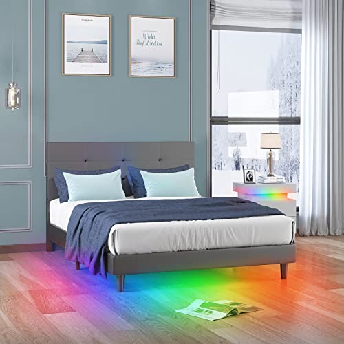 Zafly Platform Led Bed Frame Full,Upholstered Full Size Bed Frame With Adjustable Headboard,Full Size Bed With Rgb Led Strip Light,Wooden Slats Support,No Box Spring Needed,Easy Assembly (Full,Grey) #TOP25