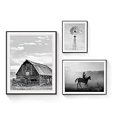 Rustic View Framed Wall Art: 3 Pieces Black and White Farmhouse Picture Misty Cowboy Old Barn Photography Modern Windmill Landscape Artwork Nature Horse Prints for Bedroom Office Living Room