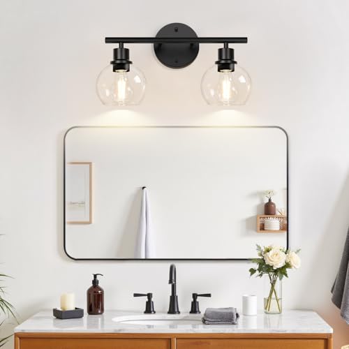 Image of Indoi 2-Light Bathroom Vanity Light, Matte Black Bathroom Light Fixture Over Mirror with Clear Glass Globe Shades, Modern Farmhouse Wall Sconce for Bathroom, Kitchen, Bedroom, Hallway